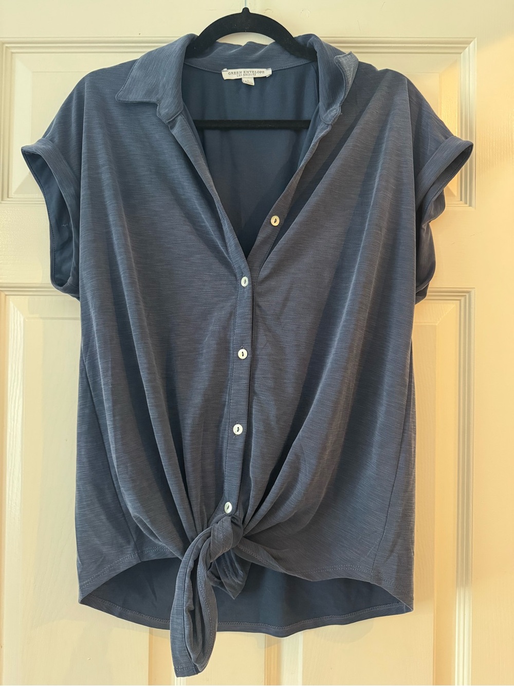 Green Envelope Slate Blue Short-Sleeve Button Front Tie Hem Shirt